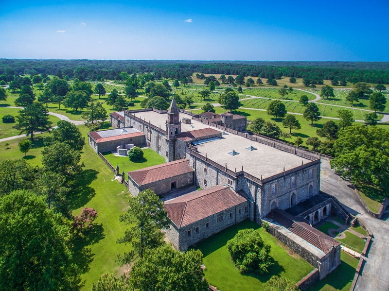 A portrait of Westview Abbey, mausoleum and chapel at historical Westview Cemetery in Atlanta. 