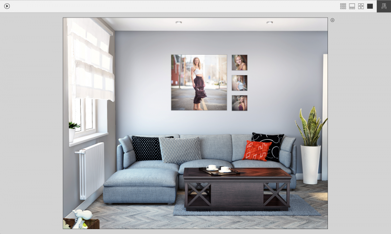 We can project how an image will look at a particular size using a client’s photo of their home space. This helps them choose the best size for their wall art.