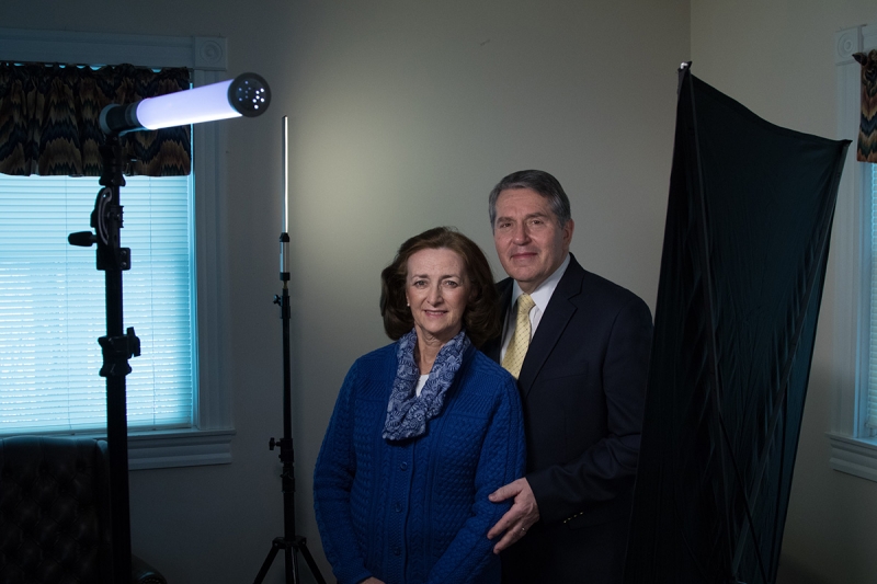 This setup uses the Polaroid BrightSaber Pro as the main light, a silver metallic fabric reflector for fill, and the Travel BrightSaber to illuminate the background. 