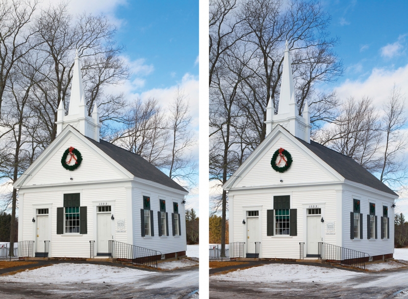 An uncorrected shot (above left) shows the typical architectural lines angling toward each other. On the right you can see the parallel lines achieved using the shift function of a tilt-shift lens.