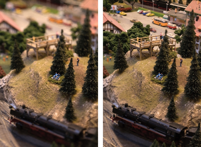 Photographing a miniature model train layout was a great testing ground for the lens. I used the tilt feature to minimize the depth of field in one capture (above left) and maximize it in another (right).