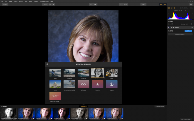 Seven presets, including Portrait, are built into Luminar to get you started.