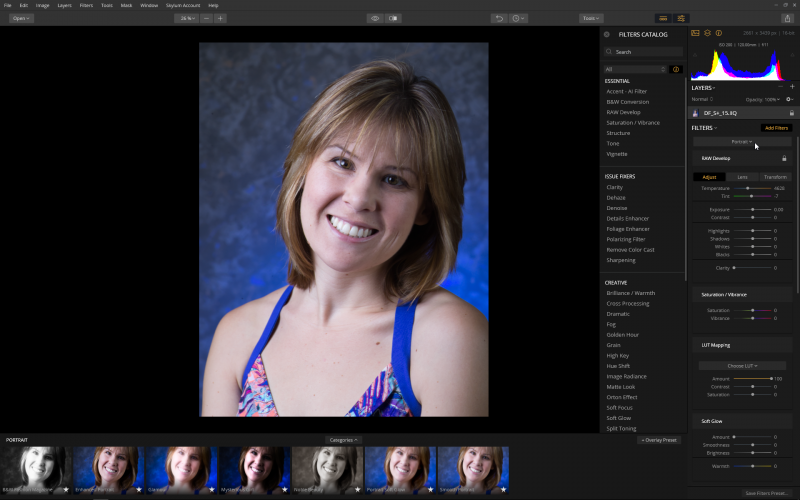 For raw format files, the Portrait workspace begins with the RAW Develop options, with other options available below.