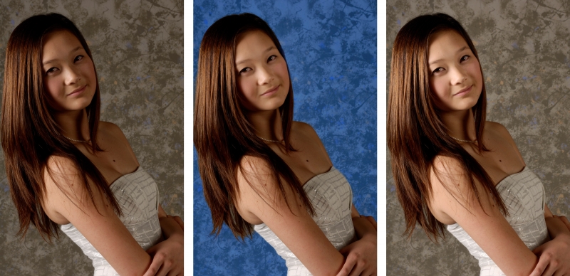 The original raw file out of the camera with automatic correction in PhotoLab (above, left); after selecting the model’s face with a Control Point and applying exposure, softening, and blur adjustments (center); after selecting the model’s face with a Control Point and applying exposure, softening, and blur adjustments, then using Auto mask to select the background and changing the color temperature. Masking around the hair worked well (above, right)
