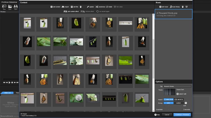 The ProShow 9 wizard makes an output-ready slideshow in minutes.