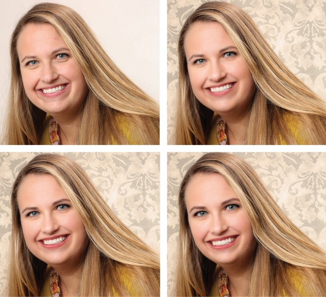 To see the extent of PortraitPro 18 editing potential, compare the original image (top left) to the one with a background added (top right), makeup added (bottom left), and facial sculpting (bottom right), which is best left for instances where the client requests it. 