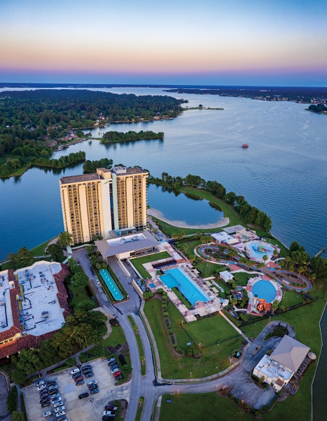 This is a vertical panoramic shot of the La Torretta Lake Resort & Spa off Lake Conroe northwest of Houston. 