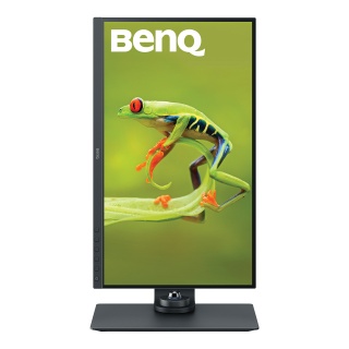 The BenQ SW270C with the Hotkey Puck G2 and without the supplied hood, rotated into portrait position 