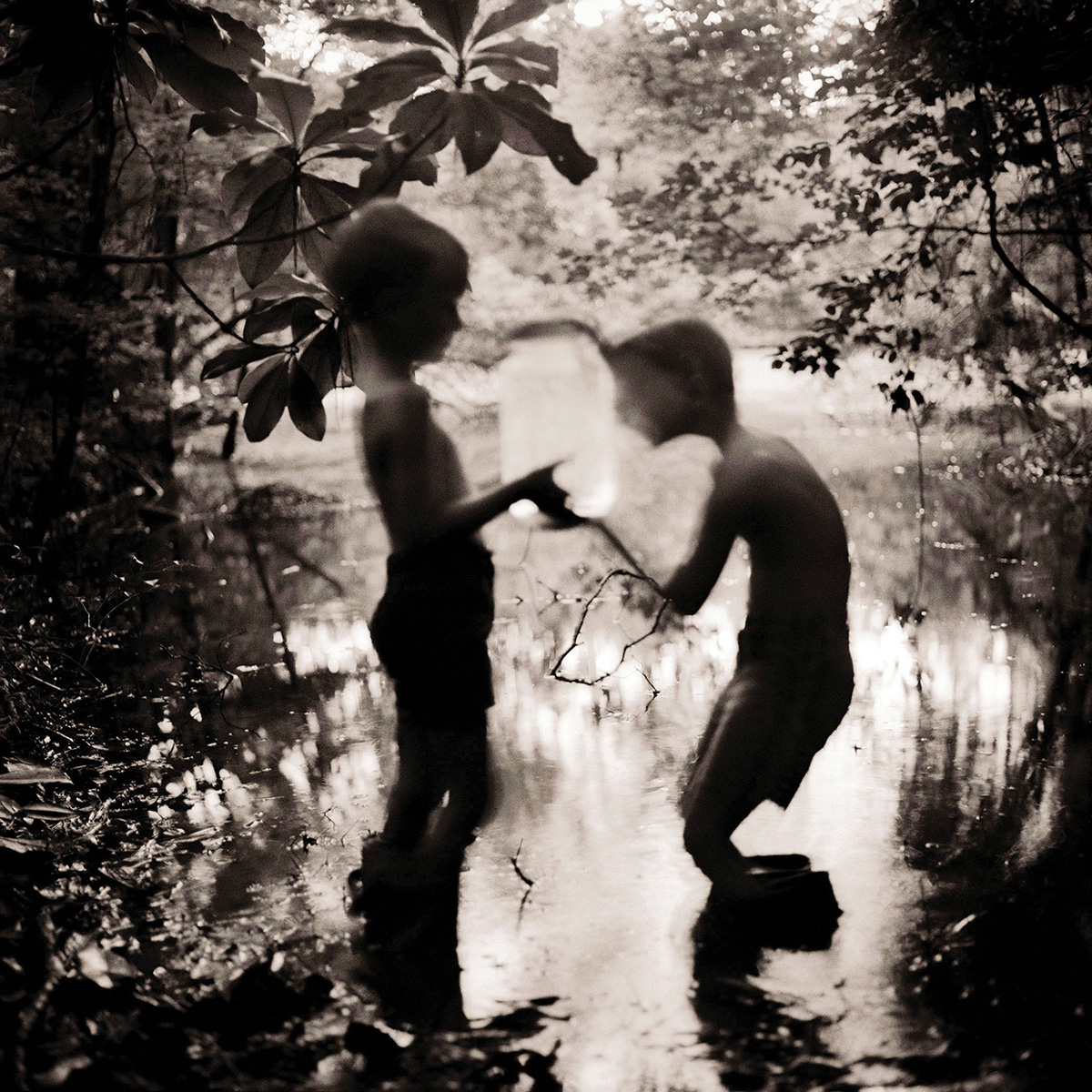 Two boys stand in a swamp holding a large jar of fireflies