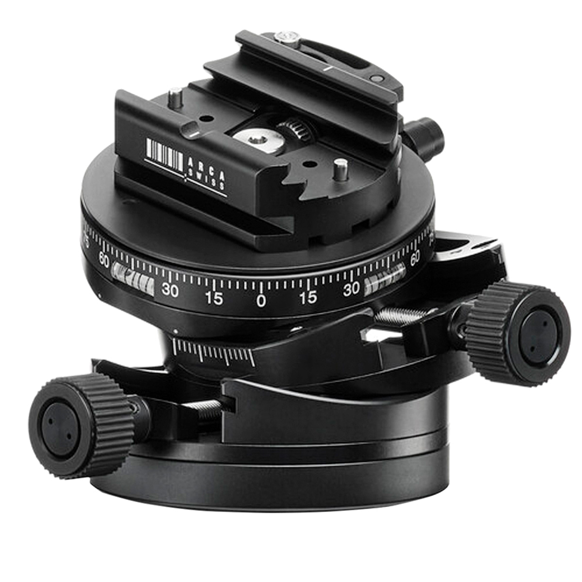An Arca-Swiss Core 60 Leveler geared tripod head with each level moved to a tilt degree on a white background