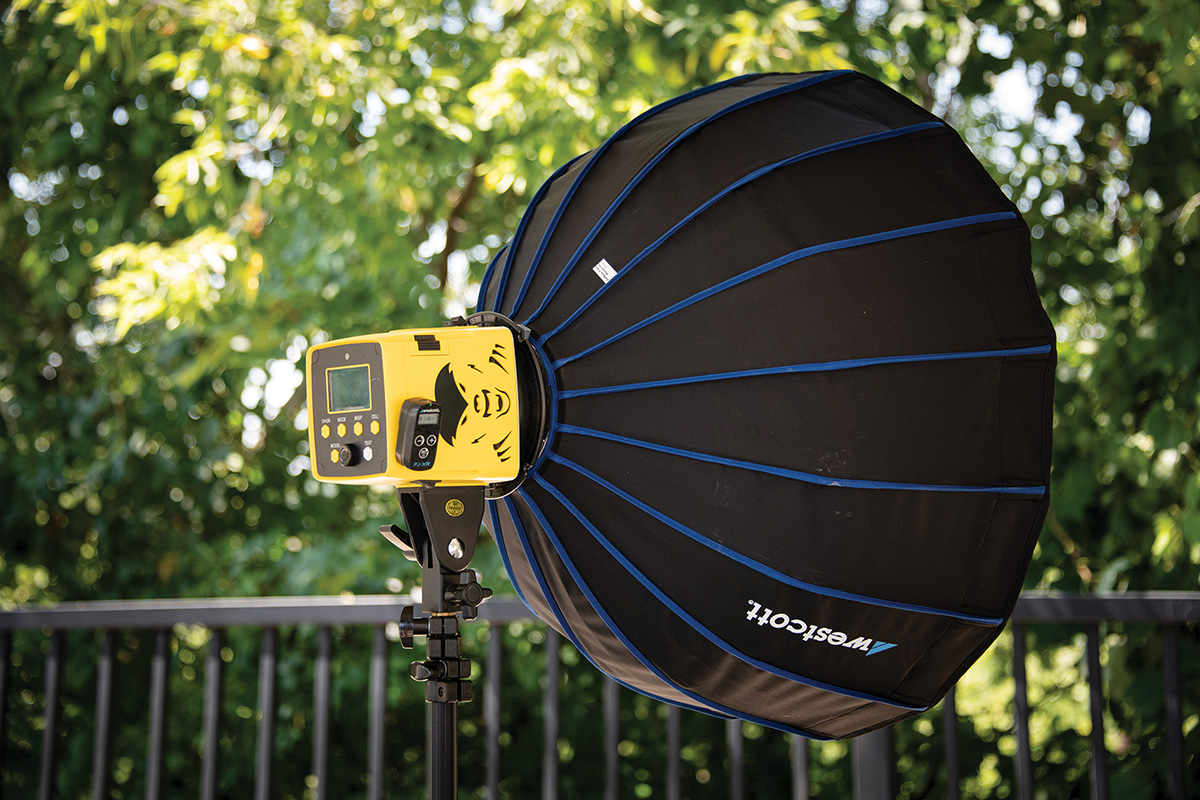 A Westcott FJ-XR Wireless Receiver attached to an Interfit Honey Badger flash with umbrella modifier, outdoors with foliage in background 