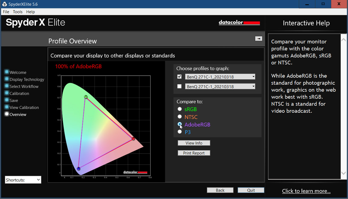 A Spyder X Elite color gamut analysis showing 100% of Adobe sRGB covered