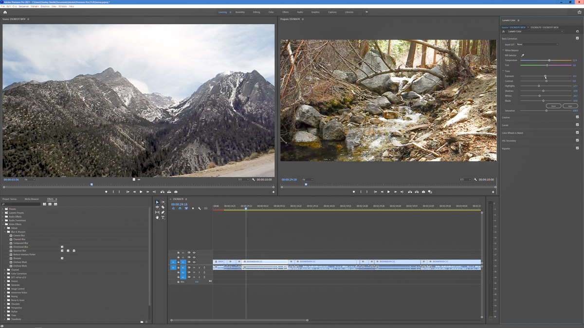 The user interface of Adobe Premiere pro showing two mountain scenes and video information