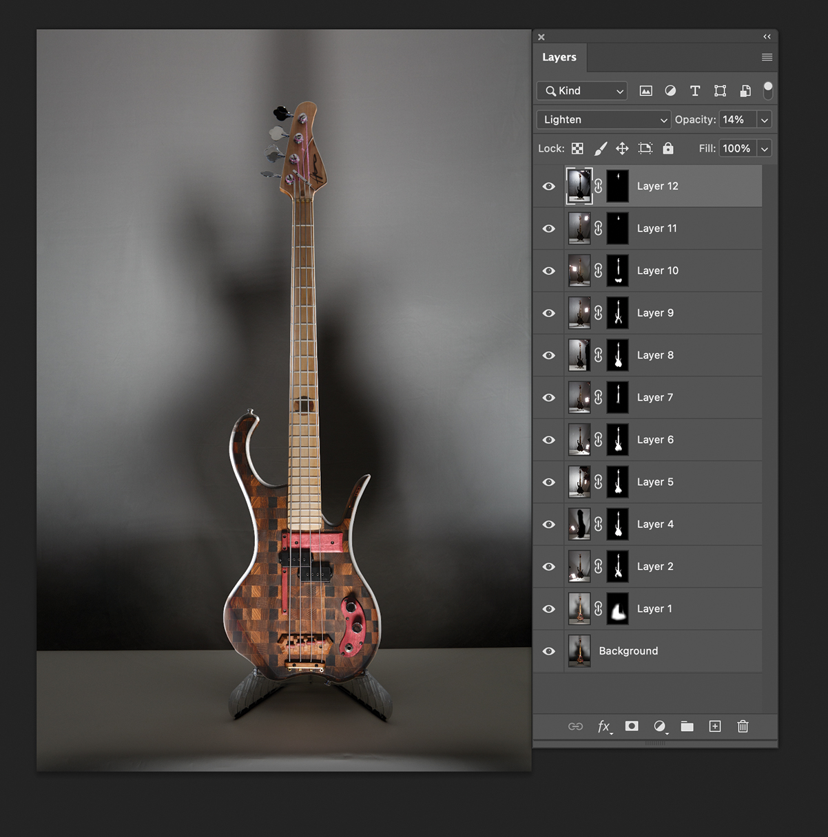 Adobe Photoshop interface showing multiple layers of different photos of the same guitar with a variety of lighting positions and masking