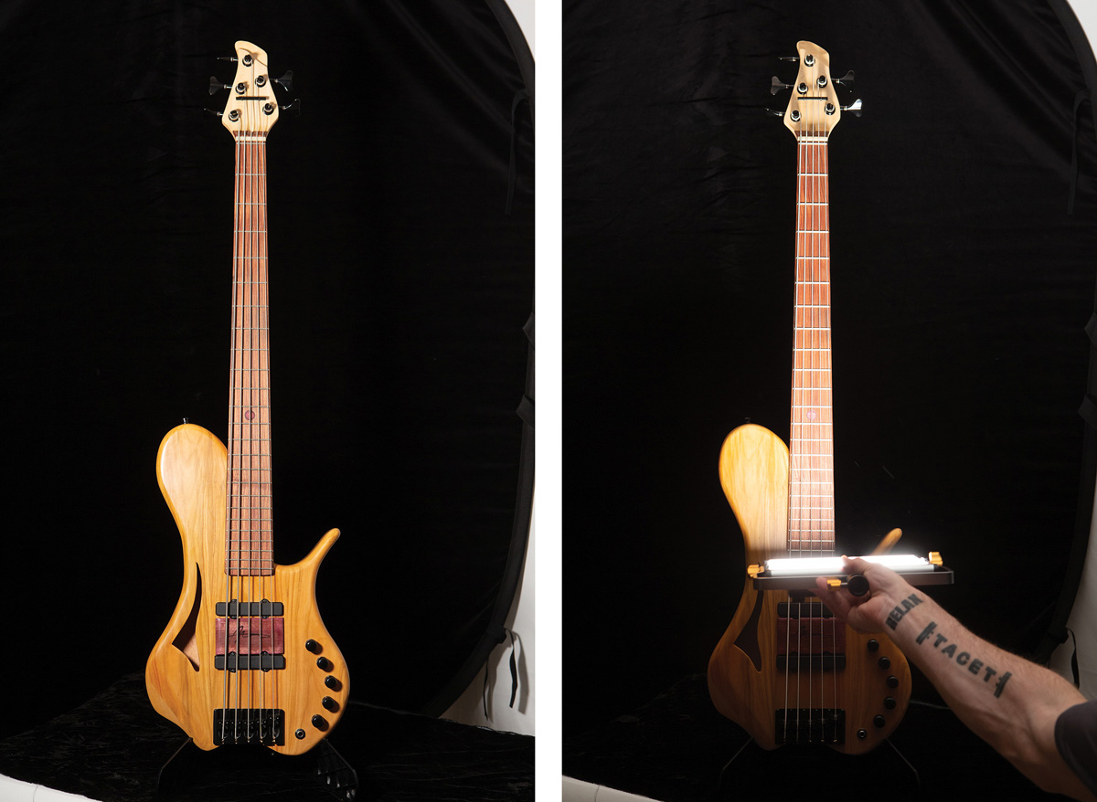 Two images of the same bass guitar being lit in different areas by a handheld LED light.