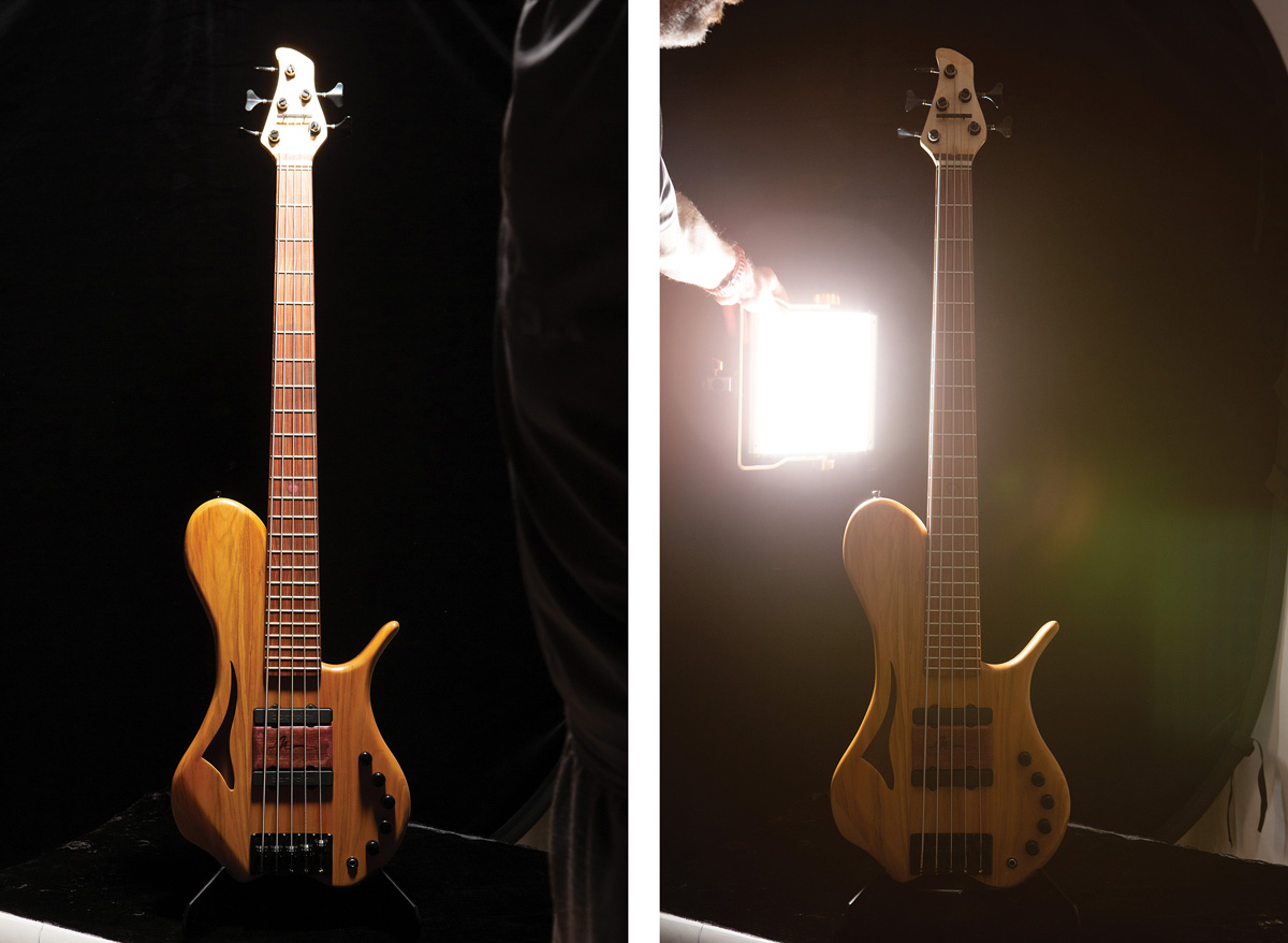 Two images of the same bass guitar being lit in different areas by a handheld LED light.