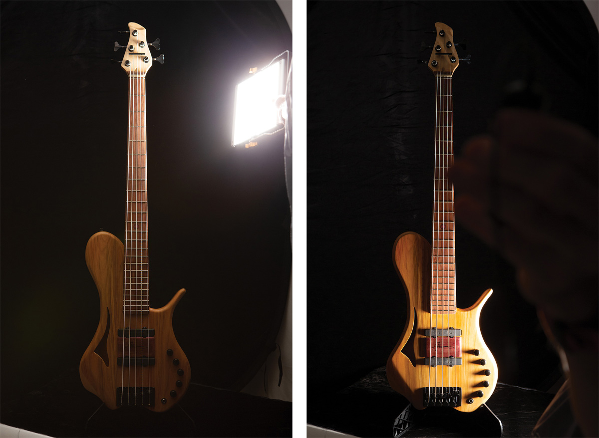 Two images of the same bass guitar being lit in different areas by a handheld LED light.
