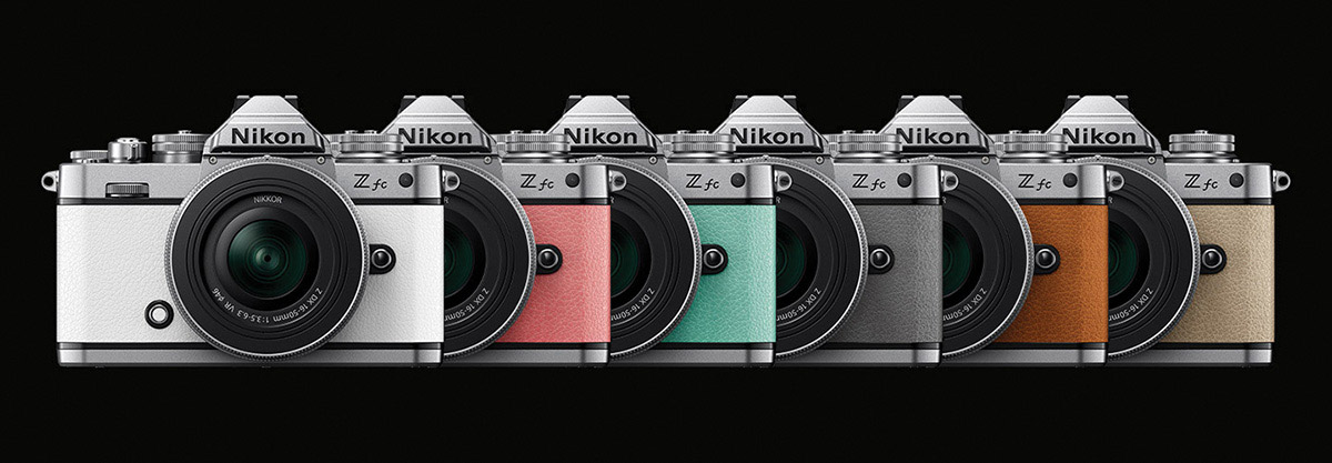 Six Nikon Z fc cameras side by side, showing special color options.