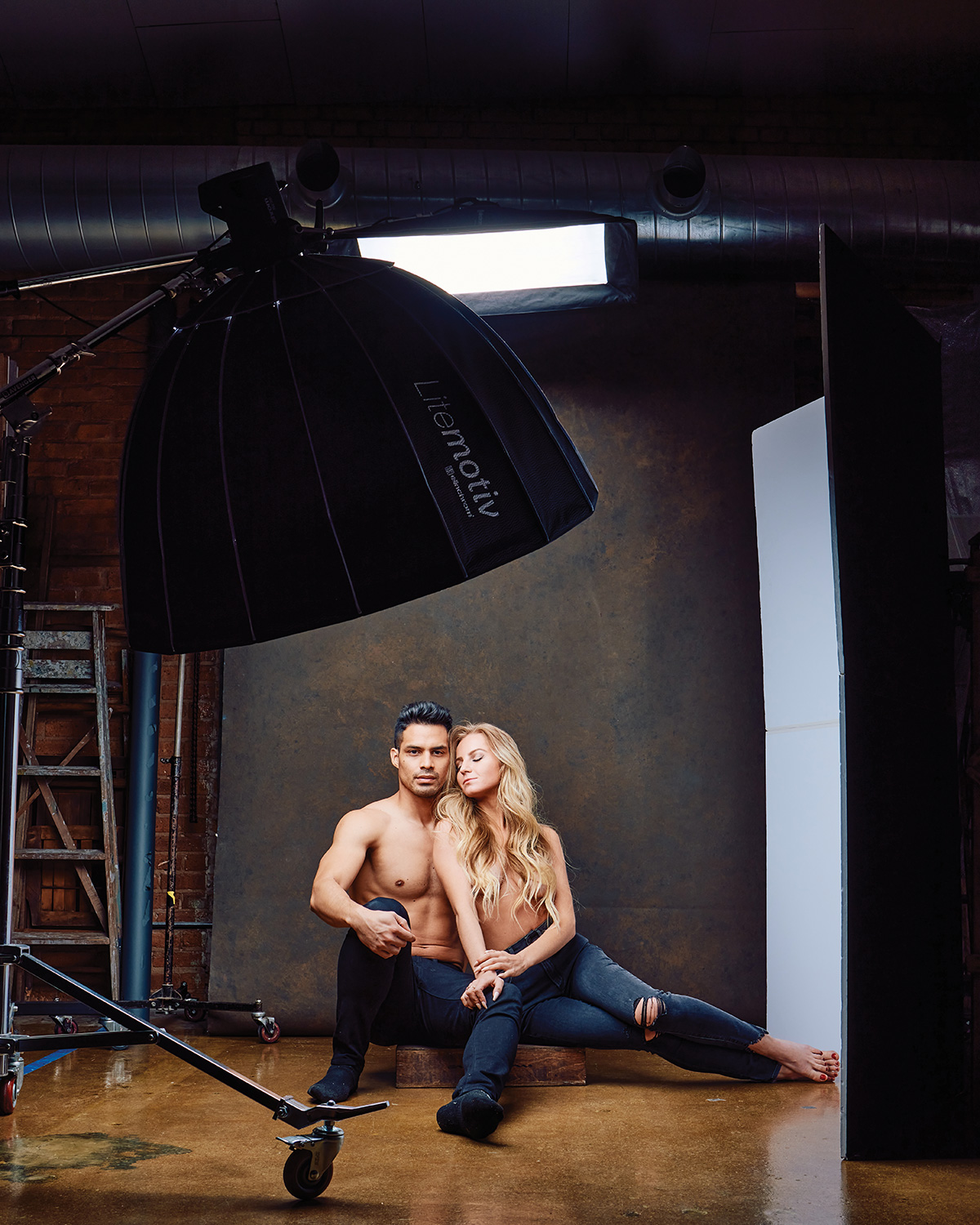 With a light in the boom position, the model with darker skin and darker hair is placed slightly closer to the light.
