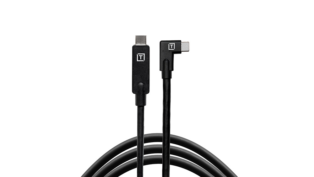 15-foot black TetherPro USB-C cable with a straight connector on one end and a right-angle connector on the other
