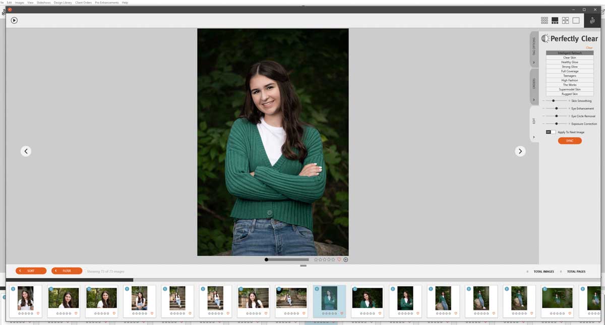 A Fundy Suite software interface for a photo session. A young woman in a white t-shirt and green sweater is smiling with arms folded. A popup window shows integration with Perfectly Clear editing software.