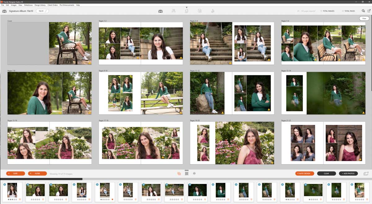 A series of two-page photo album portrait layouts in a Fundy Designer user interface. The portraits are of a young woman with long dark brown hair.