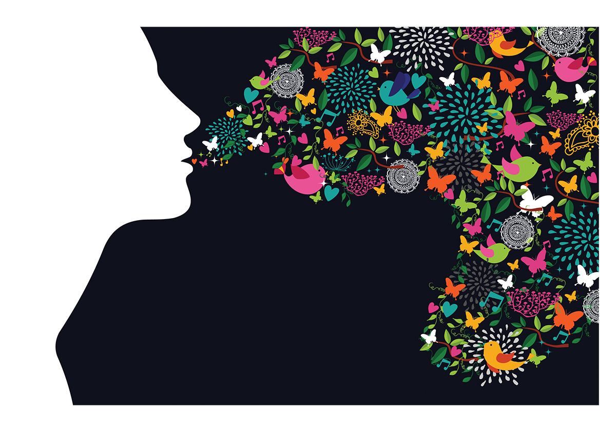 White silhouette of a face with colorful butterflies and flowers flowing from the mouth