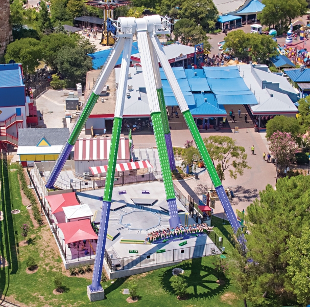 This aerial image of the Joker Carnival of Chaos ride at Six Flags Fiesta Texas was possible because of the DJI Smart Controller’s ability to function in 105 degree heat.