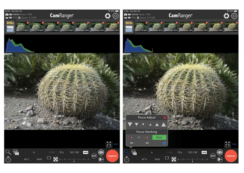 The main screen of the CamRanger 2 app allows you to control the camera and access the higher-level features of the unit. 