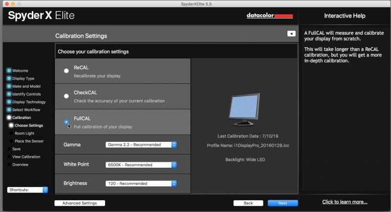 The first time you calibrate a monitor you must run the full calibration mode. This takes less than two minutes. 